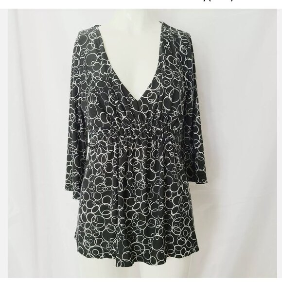 BCBGmaxazria Tunic Dress Top Black white circles Tie Ruched Waist Small - Picture 1 of 10